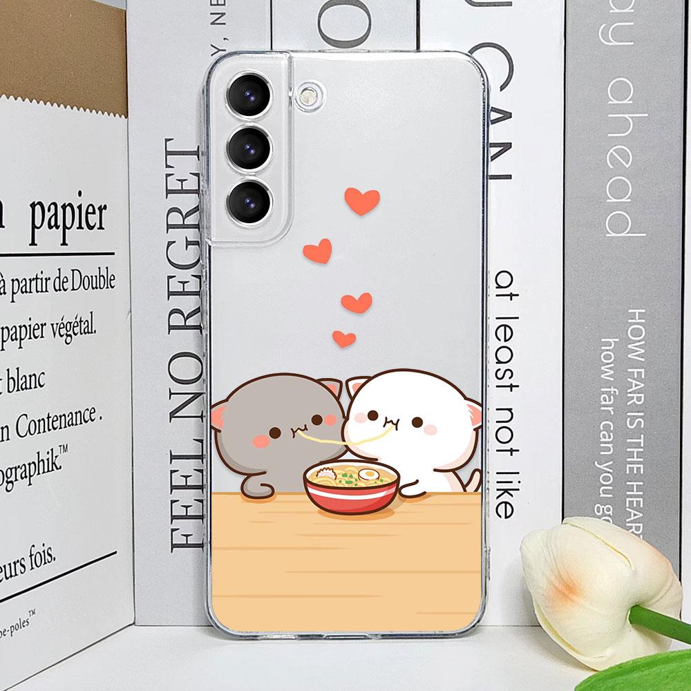 Cute Cartoon Cat Couple Phone Case for Samsung Galaxy S23 FE S22 Plus S21 S24 S25 Ultra Transparent Soft Cover Lover Pairs Funda