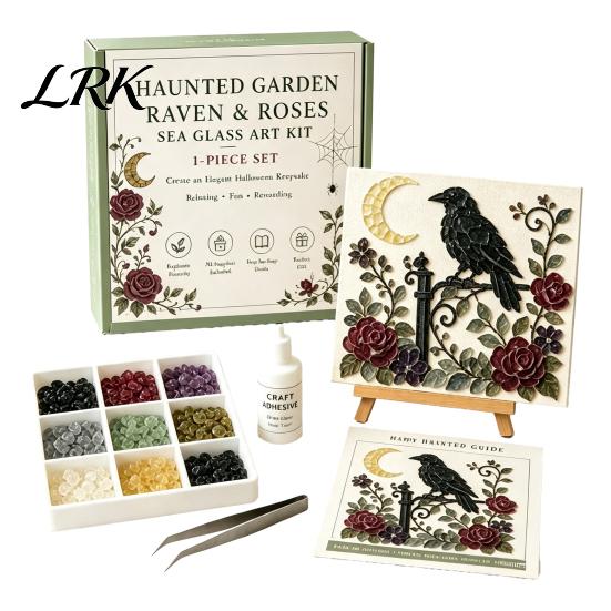 Easy Craft Kit for Beginners Halloween Sea Glass Art DIY Kit, Ghost Black Cat Owl Raven Pumpkin Creative Journey Gift Set Mosaic Set, Beginner