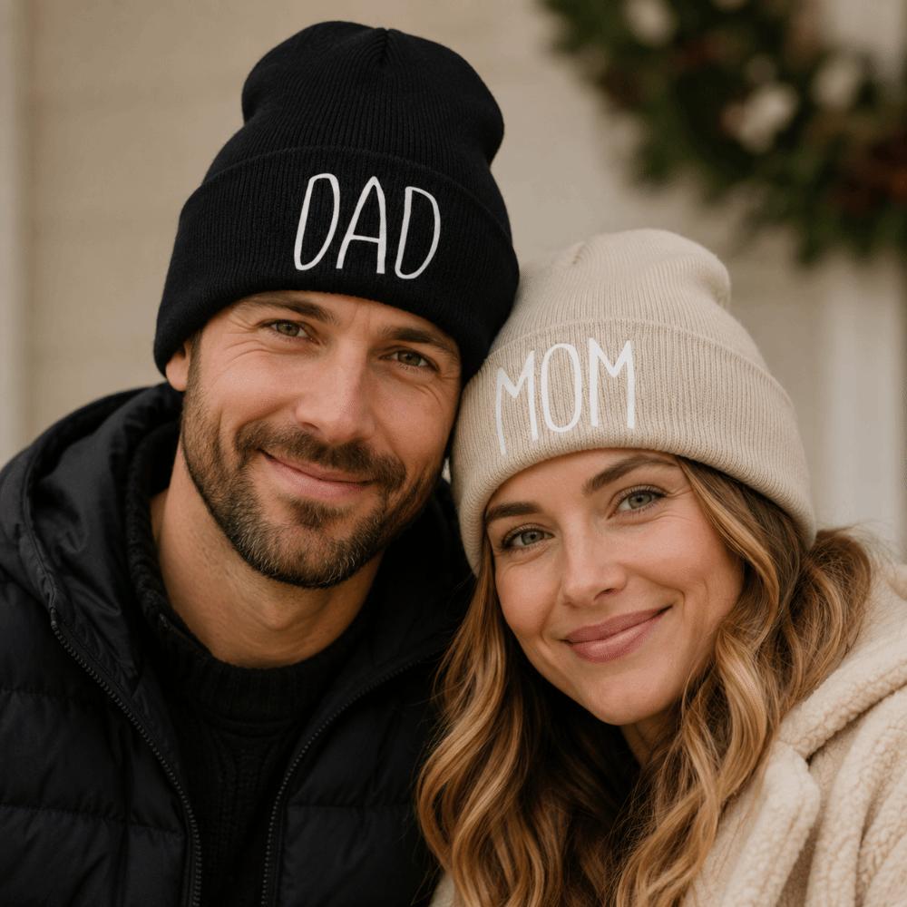 Family Matching MOM DAD Knit Beanie Elastic Turn-Up Brim Matching Hat Warm Couple Hat Cold Weather