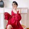 Sexy new pajama long dress, ice silk French embroidery lace strap, padded spaghetti strap nightdress, pure and alluring style loungewear