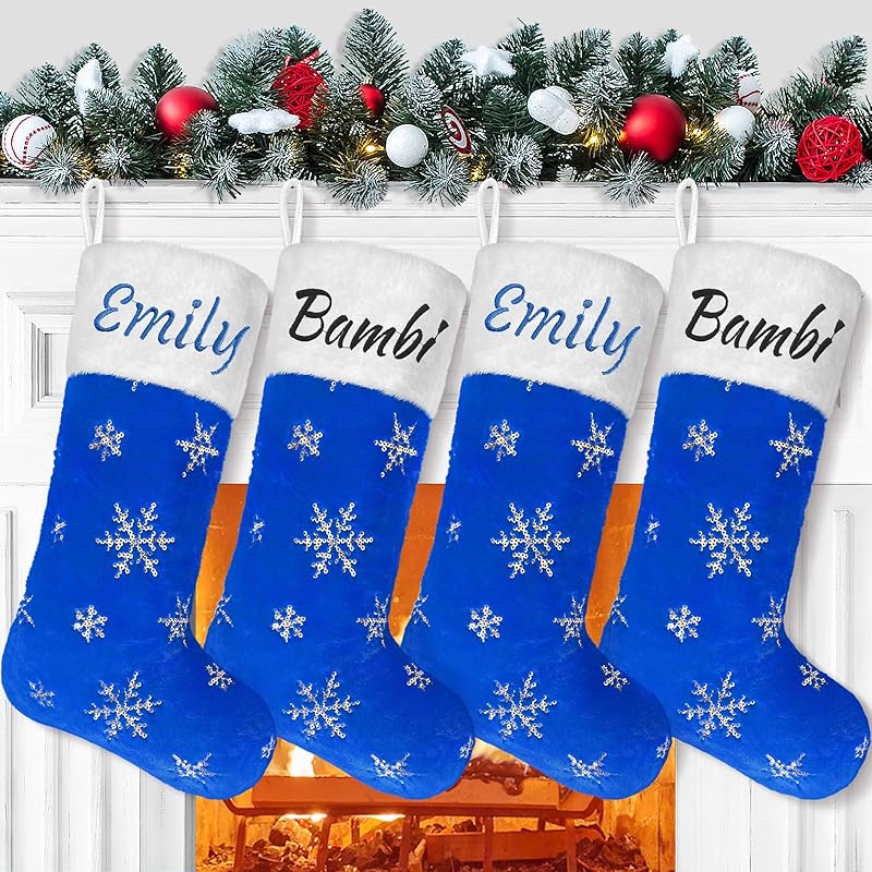 2PCS Plush Christmas Stockings White Faux Fur Large 56cm Deluxe Hanging Xmas Stockings with Silver Sequin Snowflake for Christmas Fireplace