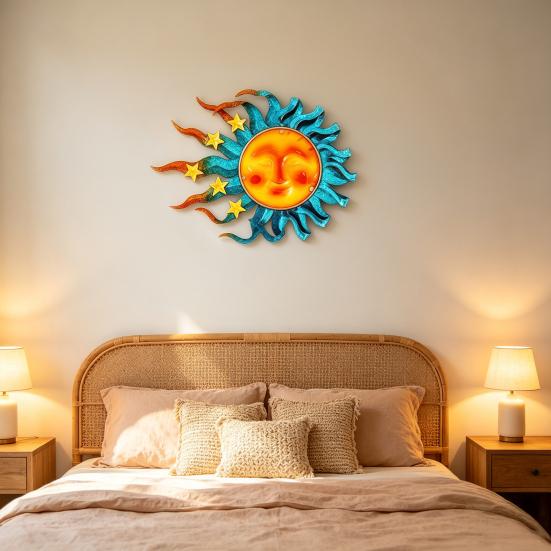 Pièces d'art murales pour véranda Vitrail Visage Solaire Art Métallique, Fer Forgé avec Étoiles Jaunes Décor Suspendu Fait Main, Sculpture Résistante aux Intempéries pour