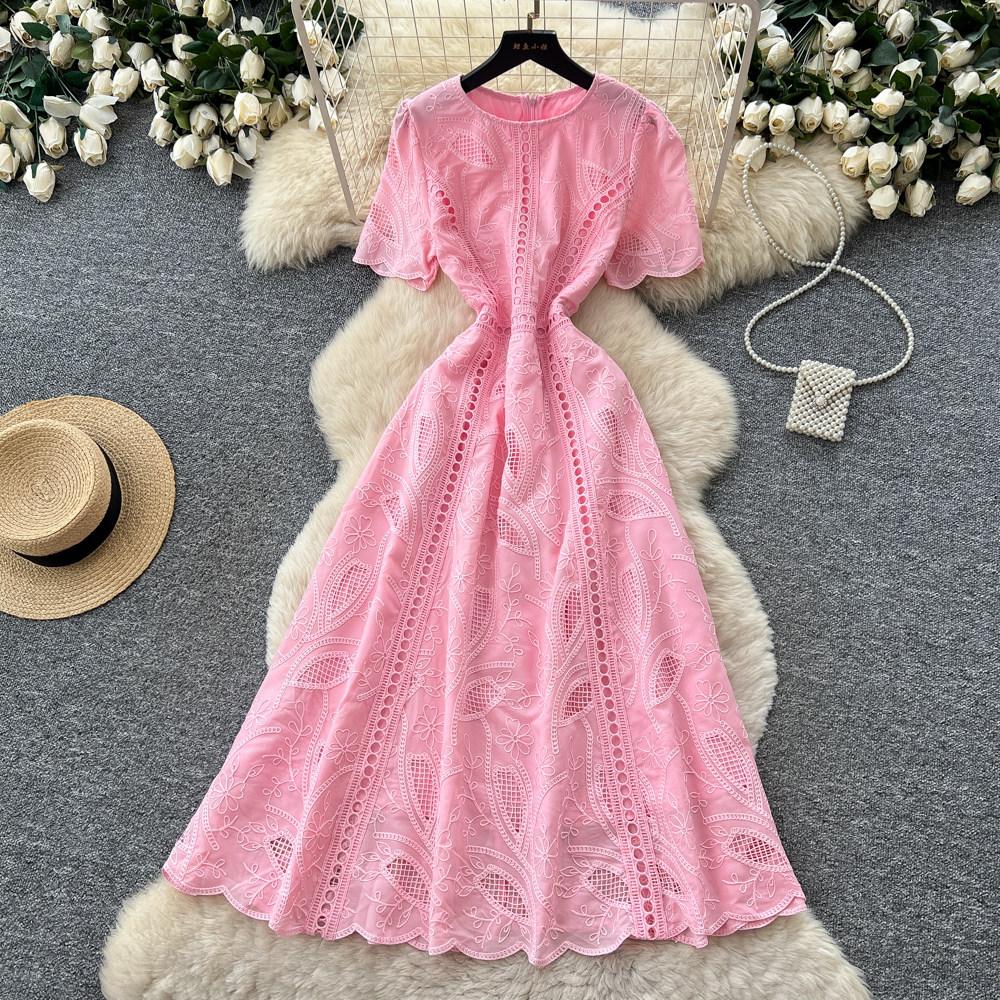 Elegant Summer Midi Dress for Women O-Neck High Waist Solid Spliced Lace with Embroidered Flowers Long Dress New Fashion