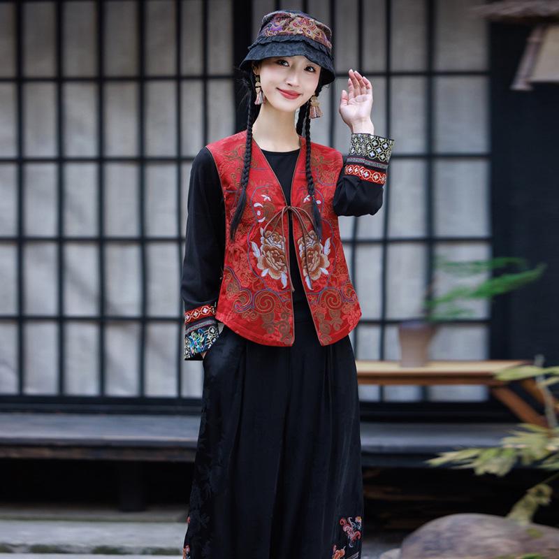 

2025 Этнический стиль Без рукавов Тенсел Жаккардовый Жилет, Весенне-летний Ретро Кардиган L оранжевый