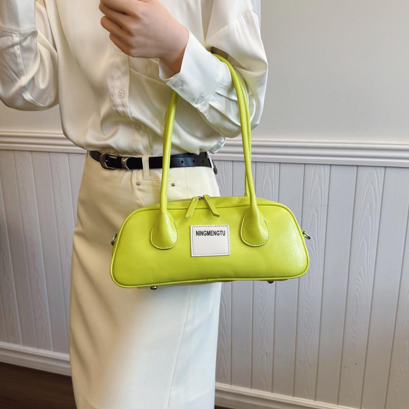 Neon Green Leather Shoulder Bag for Women - Trendy Baguette Handbag with Detachable Strap, Fashion Retro Purse