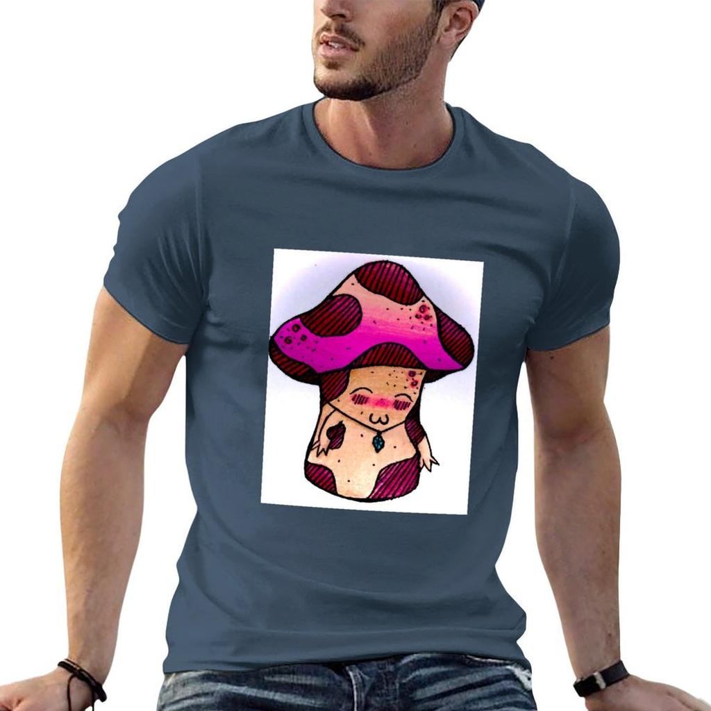 Unisexs Slim Fit Designer Soft Color Cotton Tee Mushroom Crystal Necklace Graphic