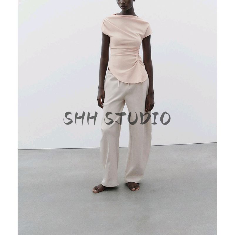 Spring New Women's Clothing Sweet Style Multi-Color Selection Ruched Asymmetric Boat Neck Basic Tops 5644768