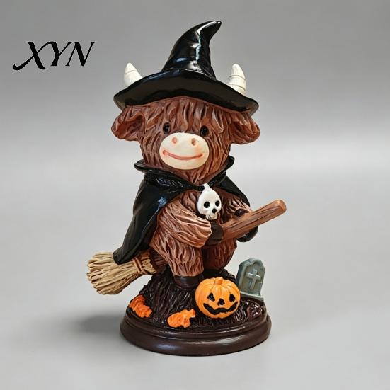 Festive Halloween Prop Highland Cow Figurine, Witch Pumpkin Skull Statue, Resin Scottish Small Desk Ornament for Calf Lovers, Shelf, Tiered