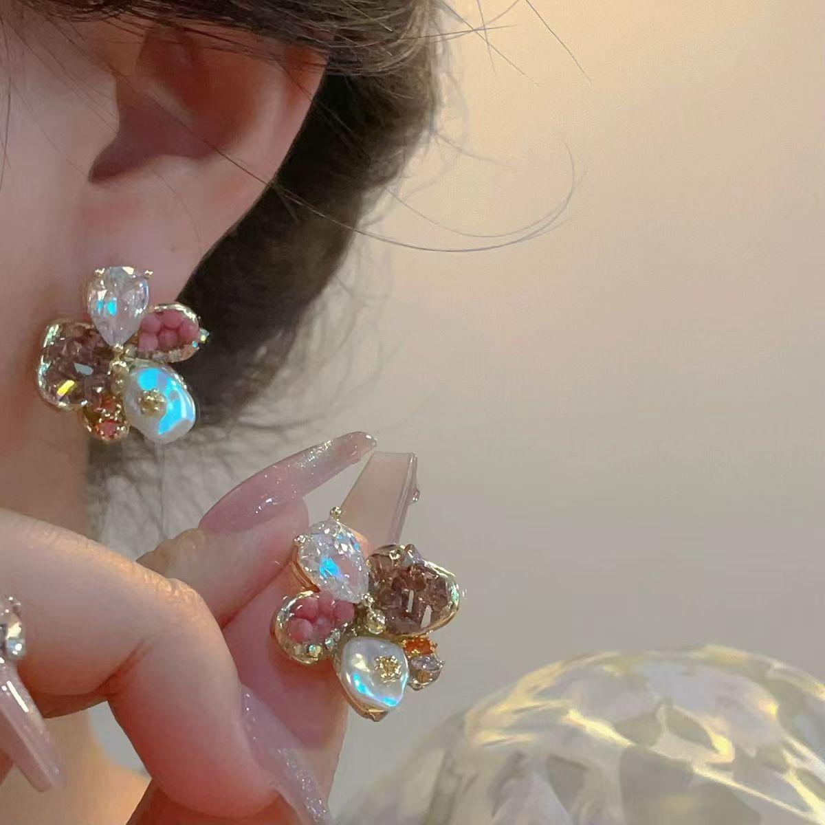 Elegant Crystal Petal Earrings with Irregular Pearls and Zircon Accents