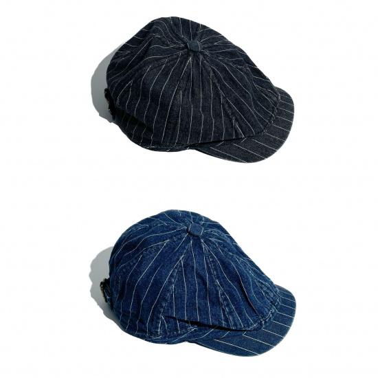 Washed cotton denim, artistic striped, eight-panel newsboy cap, unisex, British-style forward cap