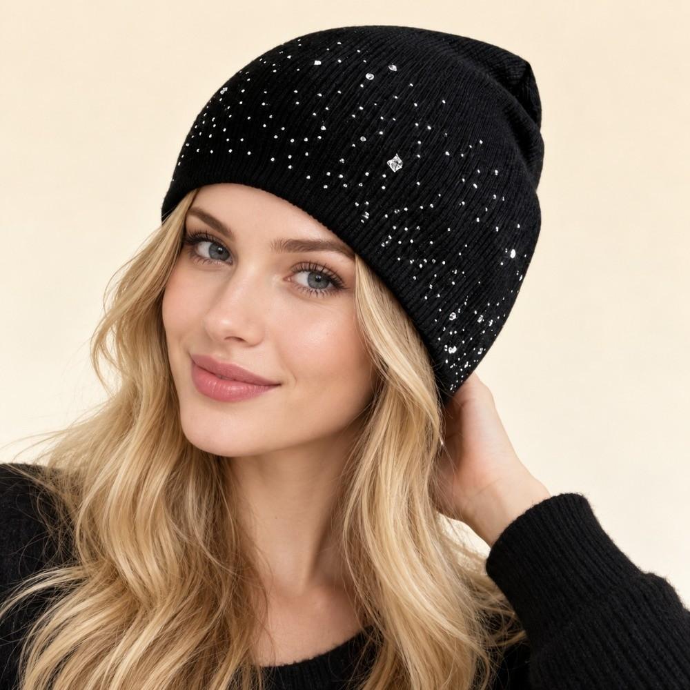 Shiny Rhinestone Decor Pullover Beanie Coldproof Winter Fall Hat Knitted Hat Daily Winter Wear
