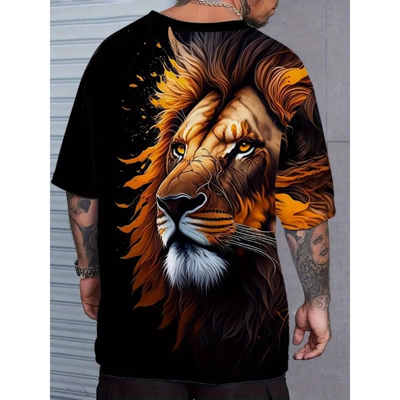 Men's 3D Printed T-shirt Casual Round Neck Lightweight Summer Trend Fashionable Versatile Lion Patterned T-shirt