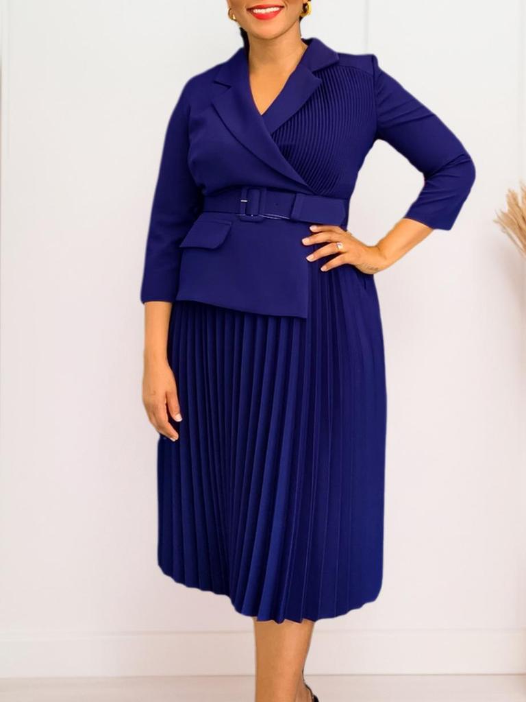 European & American Women's Autumn/Winter Pleated Suit-Collar Dress