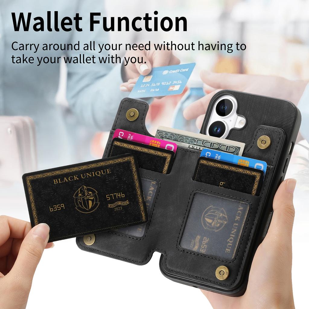 For iPhone 16 Pro Case with Card Holder Retro Leather+TPU Zipper Phone Cover