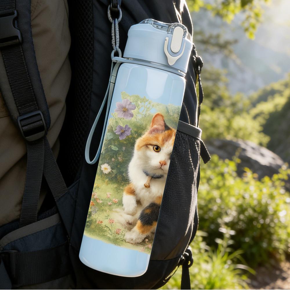 1PC Autumn Tabby Cat Floral Portrait 750ml Color Plastic Sports Water Bottle Leakproof Flip Straw Lid Suitable for Sports Office Home Use