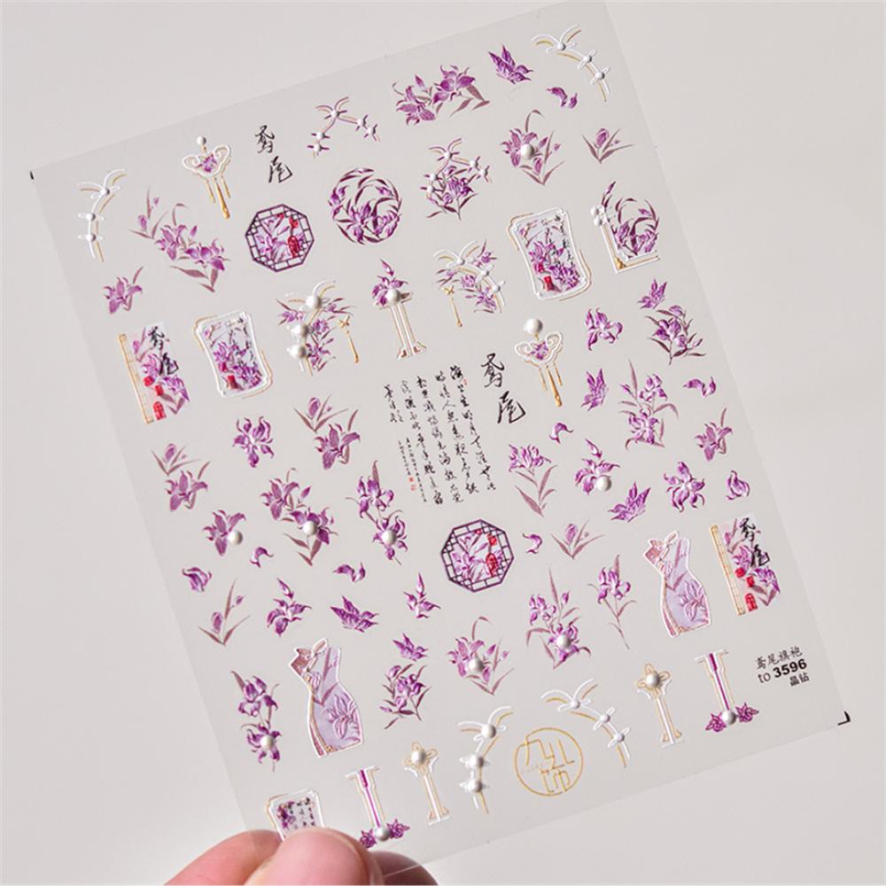 5D Relief Nail Art Stickers Purple Exquisite Iris Flowers Adheisve Decals Manicure Floral Pattern Embossed Decorations