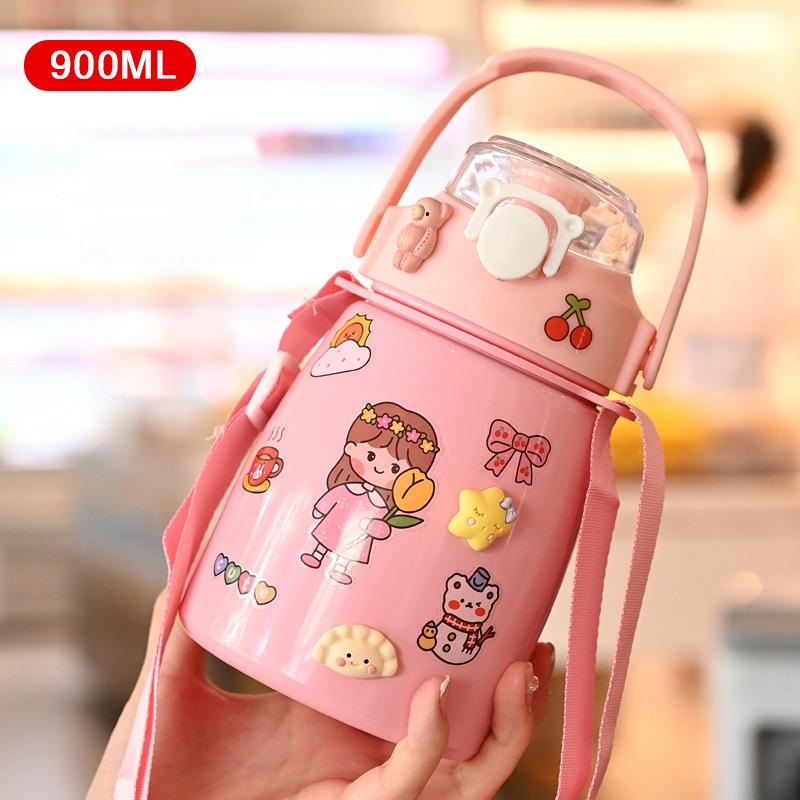 Kubek Izolowany dla Dzieci 900 ml Kubek z Dużym Brzuchem Termos ze Stali Nierdzewnej Przenośny Czajnik ze Słomką Kreskówkowy Termos Próżniowy Butelka na Wodę