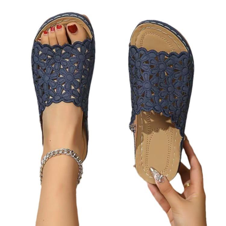 2024 Summer Floral PU Mid-Heel Wedge Slippers for Women - Plus Size & Casual