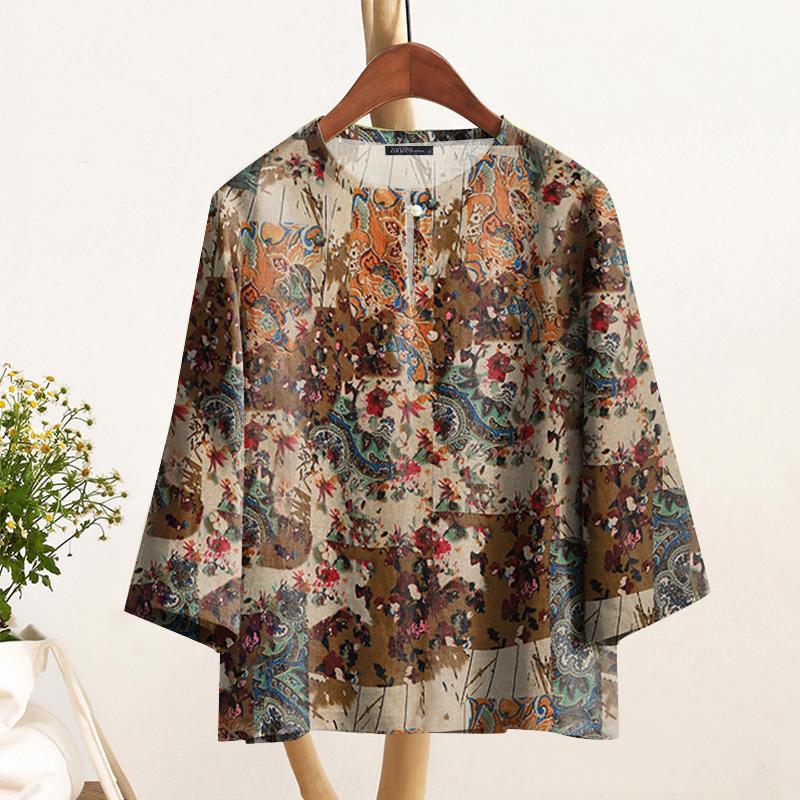 

ZANZEA Женская свободная повседневная блузка с этническим принтом и рукавом 3/4 5XL хаки