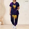 Women Plus Size V Neck Short Sleeve Scrub Set Black Base Red Gold Heart Glitter Print Nurse Uniform Set