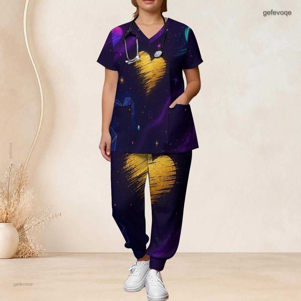 Women Plus Size V Neck Short Sleeve Scrub Set Black Base Red Gold Heart Glitter Print Nurse Uniform Set