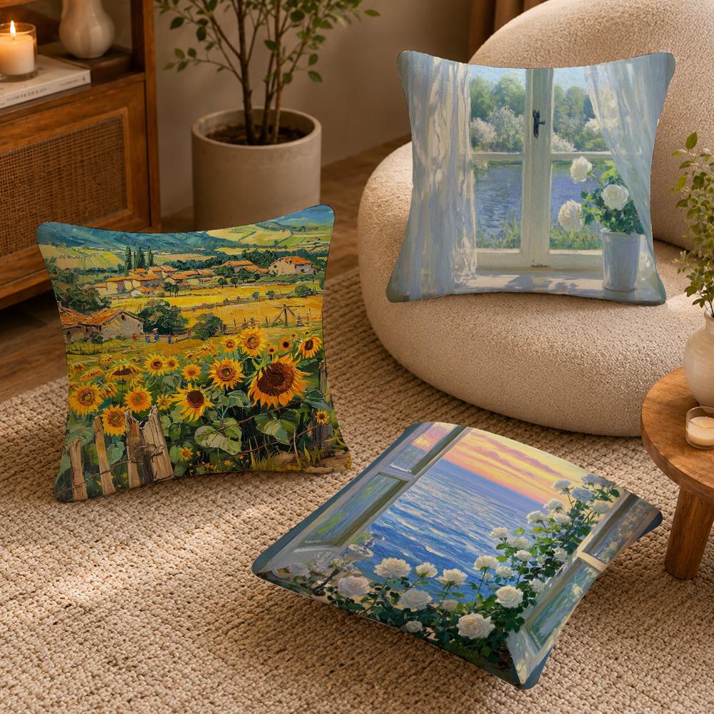 Landscape painting style Cushion Cover Anti-dustmite Pillowcase Invisible zipper silky short plush Sofa cushion cover