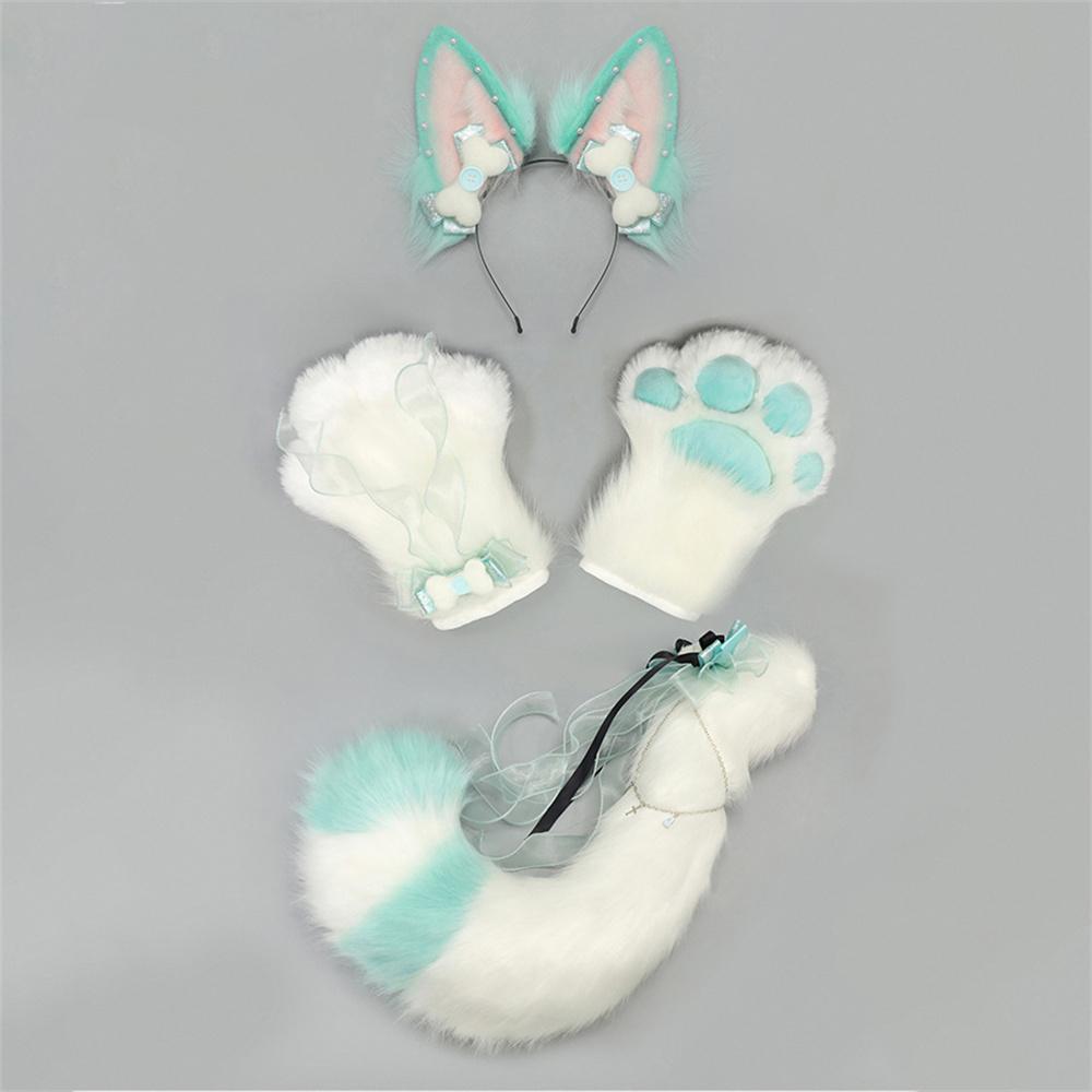 

4Pcs/Set Kitsune Fox Ears & Tail & Paw Gloves Plush Anime Cosplay Prop For Lolita Furry Convention Halloween Costume Accessories 1 set