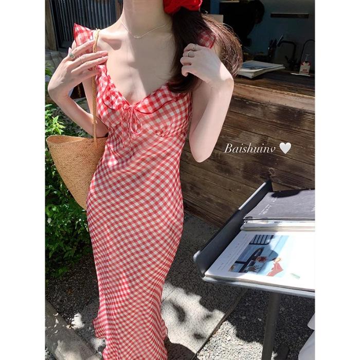 [Practice + Inside] Sweet French Red Plaid Suspender Dress Children s Holiday Wind Fish Tail Long S