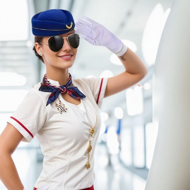 5-teiliges/Set Pilot Flugbegleiterin Uniform Set mit Barett Schal Handschuhe Sonnenbrille Flugzeugabzeichen für Stoff Kunststoff Zubehör