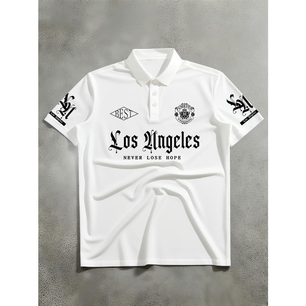 Men's Short-sleeved Polo Shirt, American Street Style Los Angeles English Printed Polo Shirt