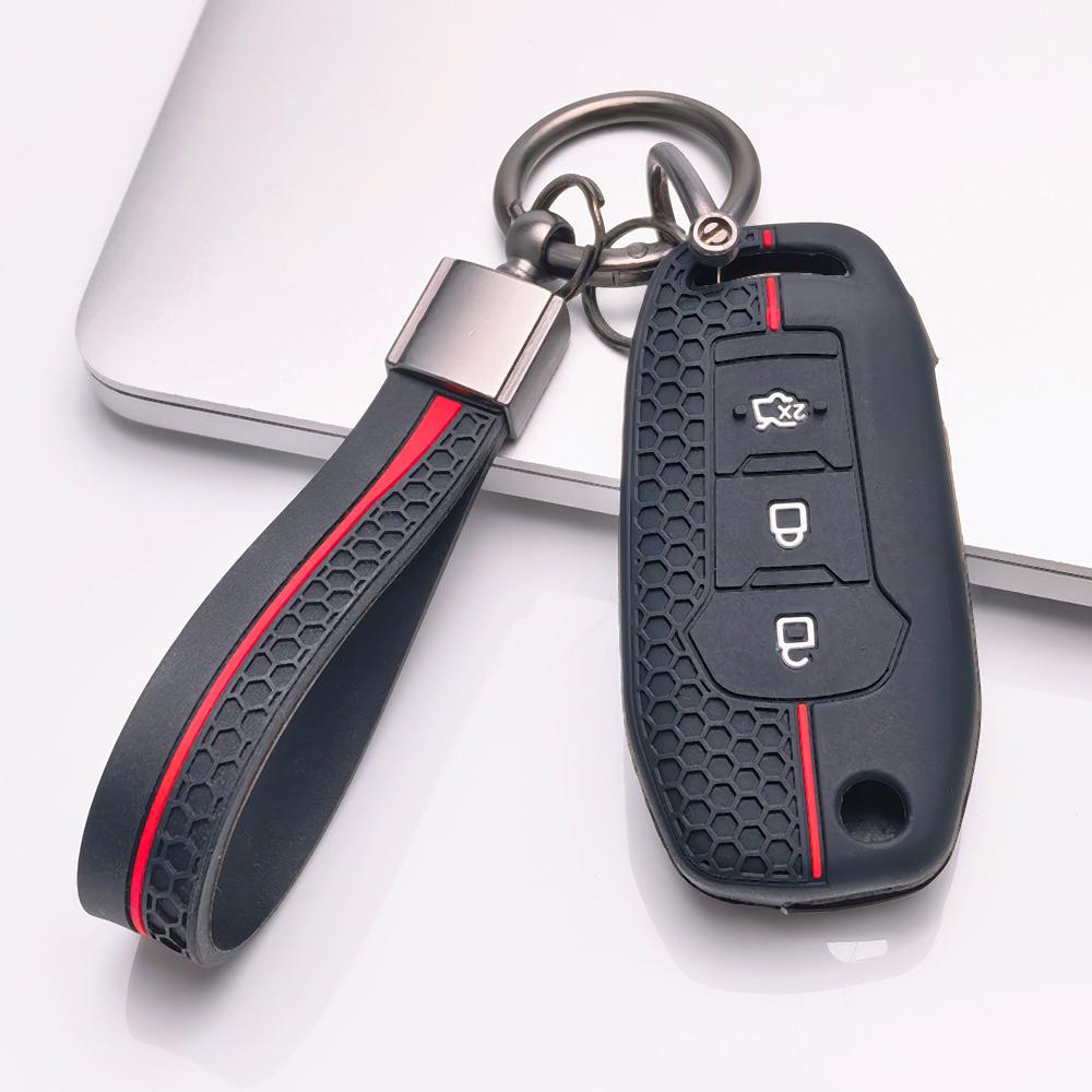 Silikon-Schlüsselhülle Schlüsselanhänger für Ford 3-Tasten Klappschlüssel, Passend für Ford Focus Mondeo Fiesta Ranger Escape Transit Tourneo Everest, Stoßfester Schlüsselanhänger-Halter