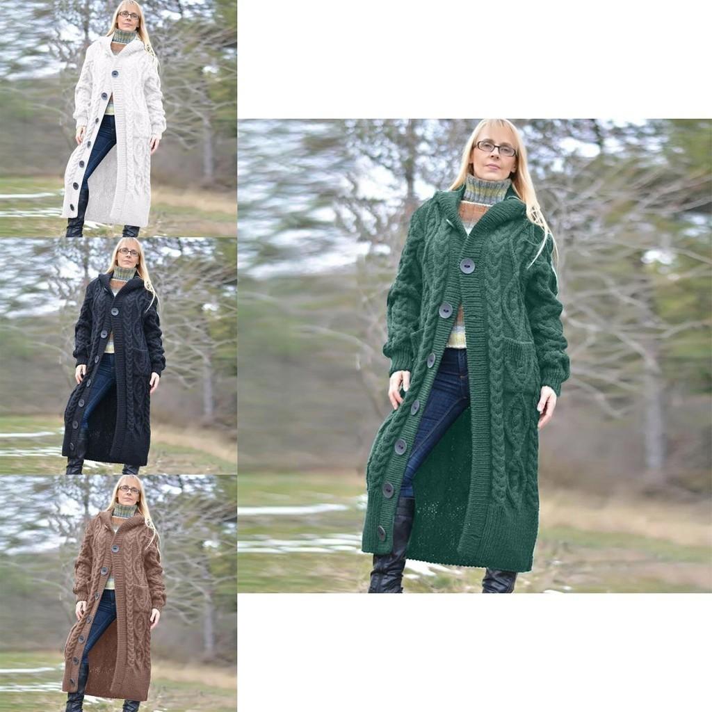 Eleganter Damen Strick-Einreiher-Pullovermantel mit Kapuze und Knopfleiste