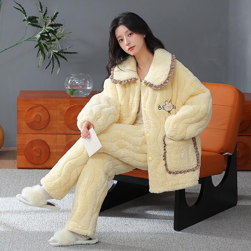 Couple Coral Fleece Quilted Pajamas Set Thick Warm Winter Loungewear Men Women