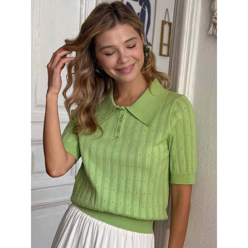 Elsa European and American Women Clothes 2025 Summer New Russian Hollow Lapel Short Sleeve Knit Niche Half Sleeve Top