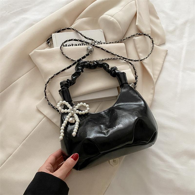 2025 New Fashion Temperament Single Shoulder Bow Messenger Bag Simple Trend Chain Pleated Bag Women's High Sense
