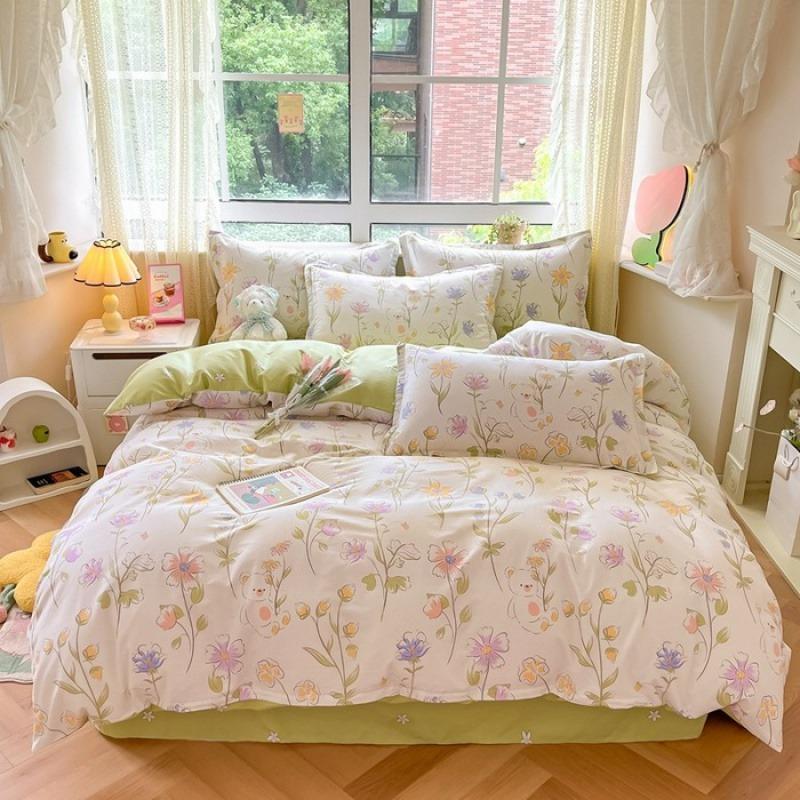 Nordic Style 100% Cotton Bedding Set Duvet Cover with 2pc Pillowcase for Student Dormitory Flower Print Lady's Double King Bed