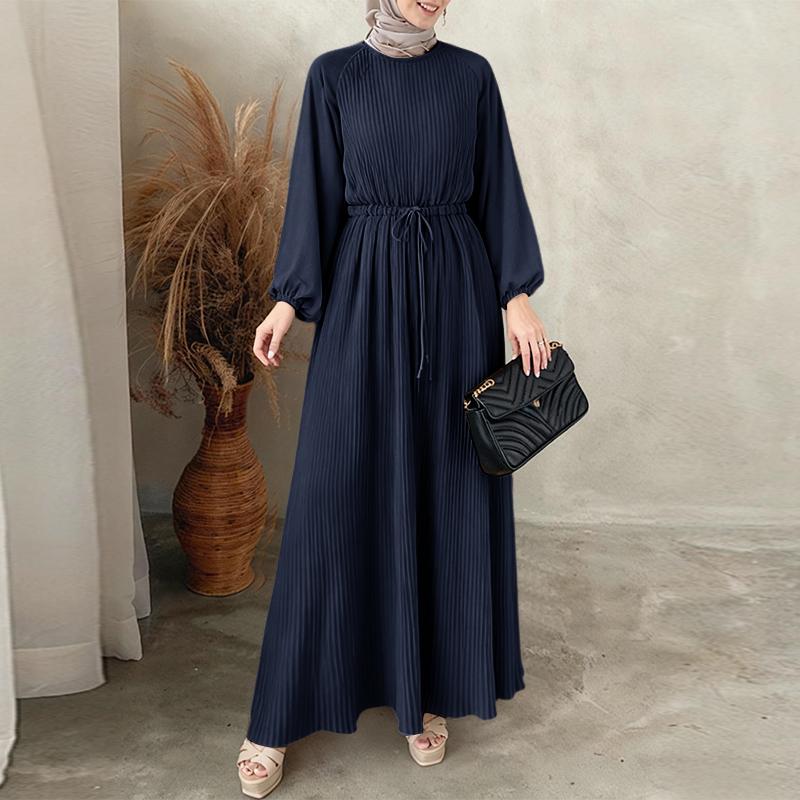 ZANZEA Abito casual da donna con scollo rotondo e maniche lunghe, ampio e plissettato