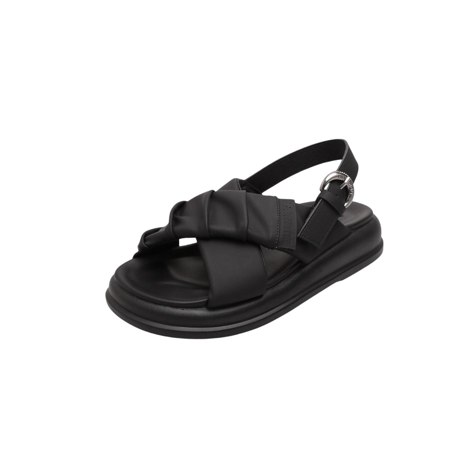 

Женские сандалии на платформе с перекрестными ремешками, верхняя одежда 2025, новые легкие и универсальные удобные сандалии из мягкой кожи с мятой текстурой для пляжа 38 чёрный