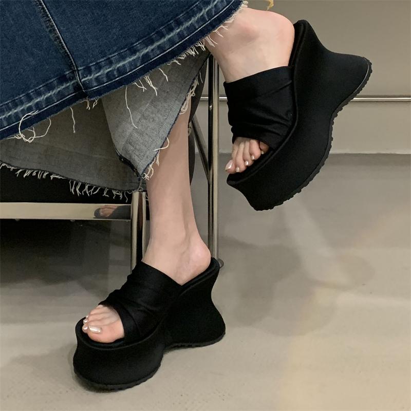 Eilyken Summer Design Pleated Leopard Print Platform Wedges Slippers Women's Open Toe Chunky Heels Party Slide Shoes