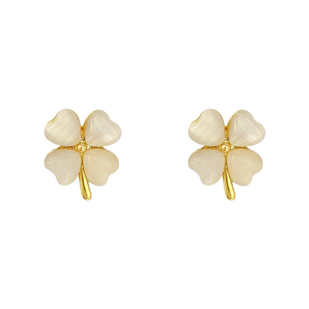 Opal Four-Leaf Clover Stud Earrings, Japanese And Fresh Light Luxury Retro High-End Earrings, Women'S Fashion Versatile Earrings