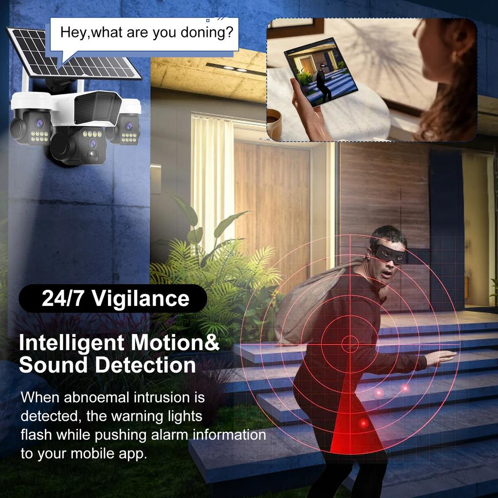 OKAM PRO 15W Outdoor Solar Camera 3-Lens HD 15MP IP66 Waterproof 12000mAh Battery 4G SIM Camera Auto Tracking with Night Vision