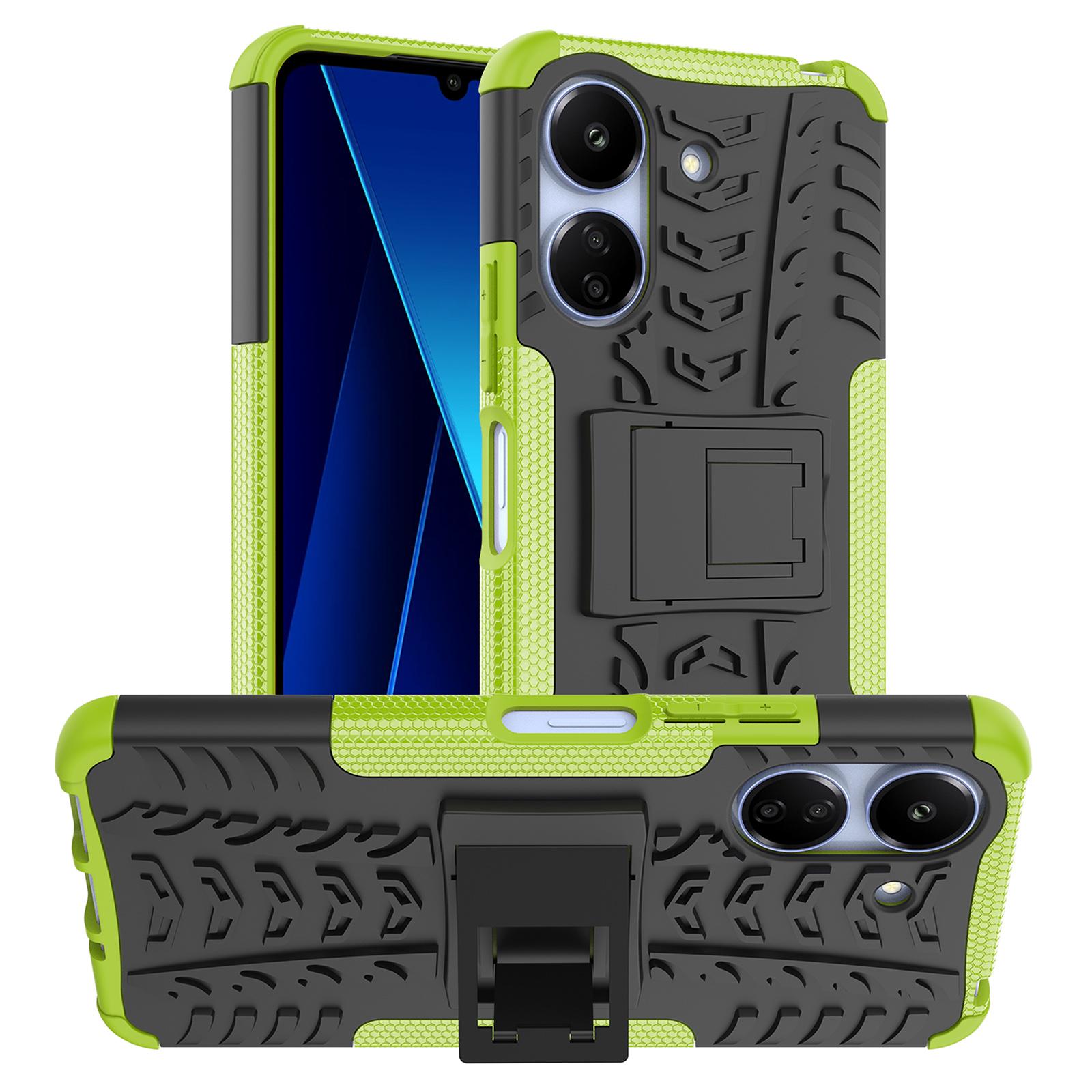 

For Xiaomi Redmi 13C 4G/Poco C65 4G Case with Kickstand Tyre Pattern PC+TPU Shockproof Phone Cover Green