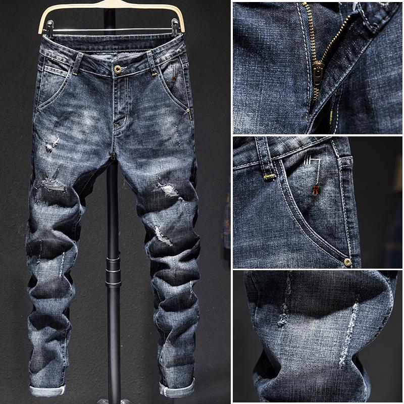 Four Season Wearable Men'S Embroidered Jeans With Slim Fit And Stretchy Trend, Small Leg Pants With Ripped Patches, Personalized Long Pants