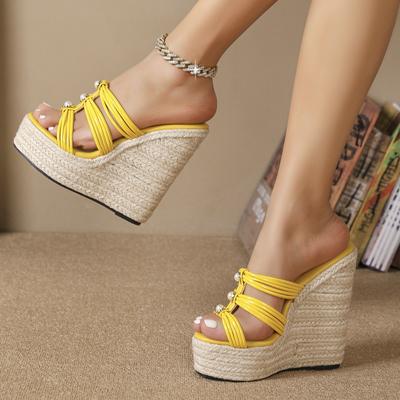 Women's Platform Sandals New Straw Woven Simple Slope Heel Waterproof Trolley Model Slippers LFD-10368-35