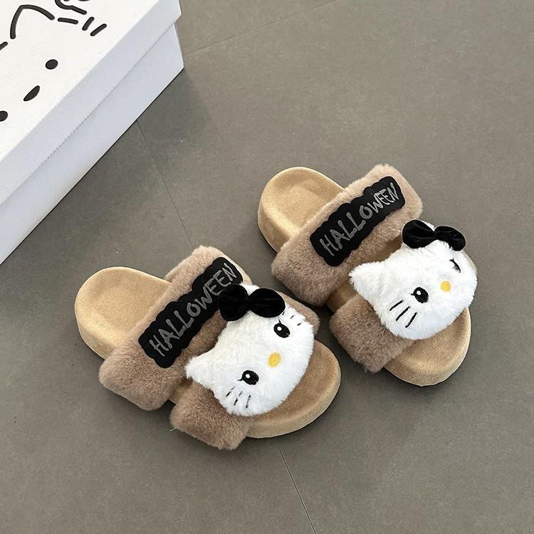 Anime Hello Kitty Lady Fluffy Slippers Autumn and Winter Cute Cartoon Home Indoor Warm One-word Baotou Cotton Mop