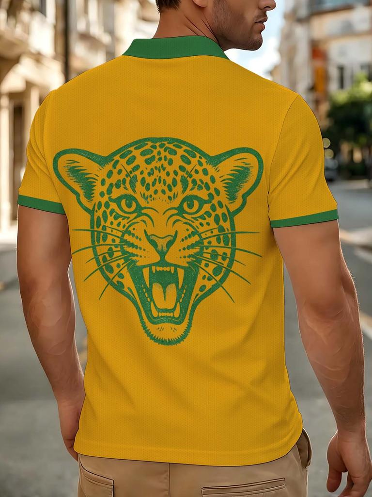 Men'S Outdoor Polo Shirt, Multi-Size Available, Yellow Base with Leopard Print on Chest, Fashionable And Comfortable, Men'S Top Suitable for Hiking