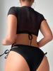 Women's Swimwear Solid Color Mesh Print Top High Waist Hollow Three Piece Sexy Bikini Separate Suit Beach Wear