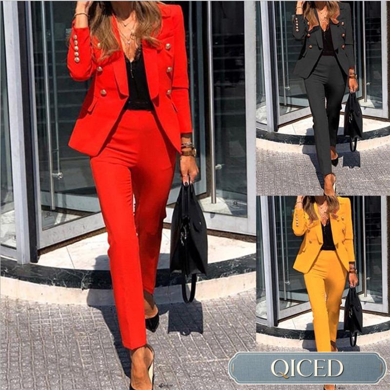 QICED Women's Fashion Casual Long Sleeve POLO Neck Pants Suits Casual Chic