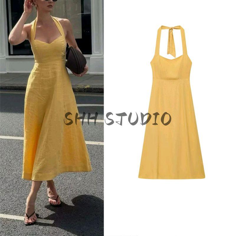Summer New Product Women's Clothes Minimalist Cotton and Linen Blended Bowknot Decoration Hanging Collar High Waist Midi Skirt Long Dress
