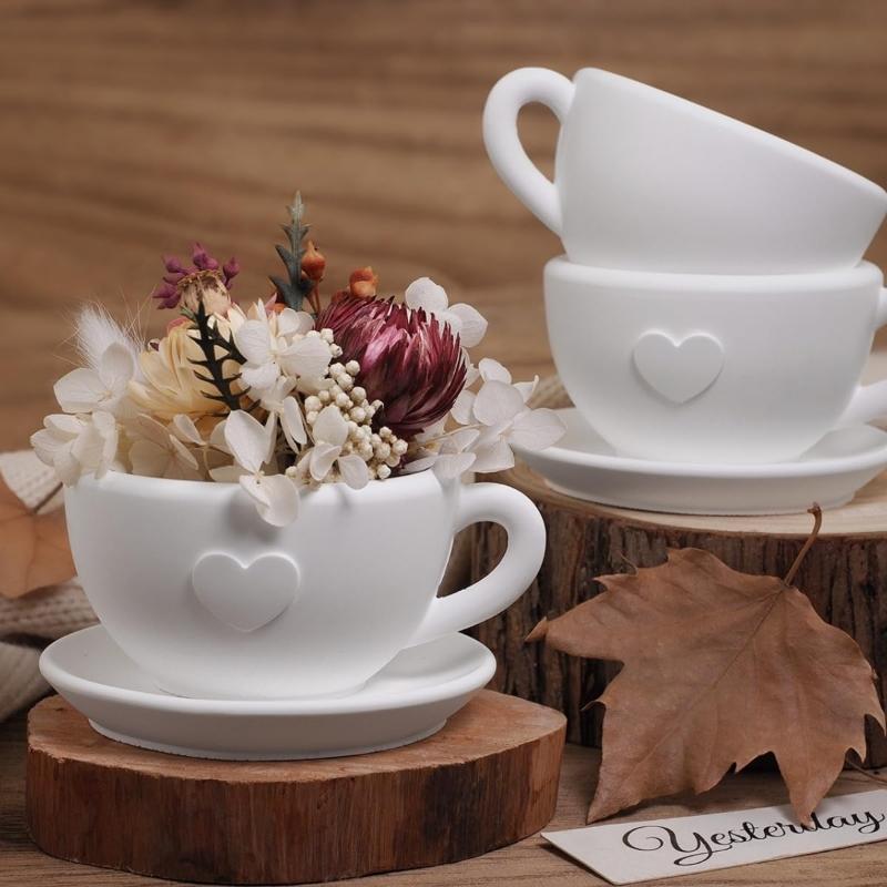 DIY Heart Shaped Tea Set Candle Cup Ornament Silicone Mold for Gypsum Concrete Resin Casting Coffee Cup Tray Decorative Crafts